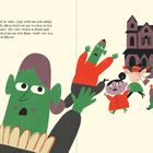 Text: Eine Bürgermeisterin schlägt versehentlich Licht an. Gäste fliehen in Panik. Illustration von schreienden Figuren.