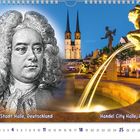 "Händel-Stadt Halle, Deutschland", links ein Portrait im Stil eines Kupferstichs; Hintergrund zeigt eine abendliche Stadtansicht.