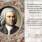 Kalenderblatt mit Zitat: „Die Musik meines Vaters hat höhere Absichten...“ Porträt eines Mannes in Rokoko-Stil umrahmt von Musikinstrumenten.