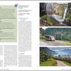 Texte: "SUNDAL CAMPING" beschreibt Campingplätze mit Blick auf Berge und Fjorde. Mehrere Fotos zeigen Wasserfälle, Wohnmobile und Fjordlandschaften.