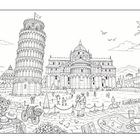 Kein Text vorhanden. Eine schwarz-weiße Illustration zeigt Holzstufen, die zu einer Bucht mit felsigen Klippen und Sonnenuntergang führen.