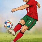 Nummer 7 auf einem rot-grünen Trikot. Ein Spieler schießt einen bunten Ball auf einer Wiese.