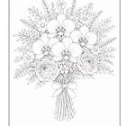 Illustration eines detaillierten Blumenstraußes mit Orchideen, Ranunkeln und Schleife, fein gezeichnet.