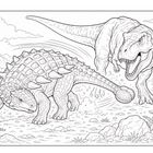 Eine schwarz-weiße Illustration zeigt einen gepanzerten Dinosaurier, der sich mit Schwanzkeule gegen einen angreifenden T-Rex verteidigt.