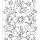 Florale Illustration mit großen, stilisierten Blüten und geschwungenen Blättern in symmetrischer Anordnung.