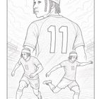 Nummer 11 auf Fußballtrikot. Drei Spieler in Aktion im Stadion. Skizzenhafte Strichzeichnung mit dynamischer Bewegung.