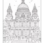 Eine detaillierte Illustration einer großen, historischen Kathedrale mit Kuppel und Türmen, Treppe und Menschen im Vordergrund.