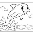 Illustration eines lachenden Delfins, der aus dem Wasser springt. Wellen und Wolken im Hintergrund.