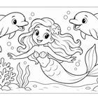 Illustration einer fröhlichen Meerjungfrau mit zwei Delfinen unter Wasser, umgeben von Blasen und Korallen.