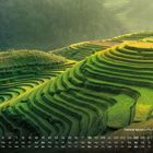 Kalender unter einem Foto von grünen Reisterrassen in bergiger Landschaft, mit einer Person, die ein Kind trägt.