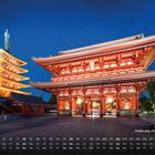 "Asakusa Jinja in Tokio, 8." Beleuchtete Pagode und Tempel bei Nacht, moderne Kalendergestaltung am unteren Rand.