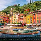 Kalenderdaten im Vordergrund, "Gondel, Liguria" unten rechts. Bunte Häuser und Boote in einem malerischen Hafen.