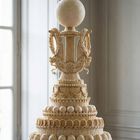 Eine kunstvolle, mehrstöckige Skulptur aus hellem Material mit detaillierten Verzierungen und einer Kugel obenauf.