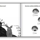 Fragen zu Gefühlen, Illustration von Monstern und Emojis mit Gefühlen wie Schuld, Angst, Freude zum Ankreuzen.