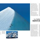 La Vallée de MONTJOIE. Bild: Ein schneebedeckter Bergkamm mit zwei Wanderern. Rechts Text über Bergsteigen.
