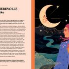 Logo: Der liebevolle Gedanke. Illustration: Frau mit rosa Haaren schaut zu einem lächelnden Mond im Nachthimmel.