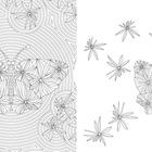 Zwei Hälften mit Schmetterlingen und Blumenmuster; links dichte Linienkreise, rechts minimalistische Blumen.
