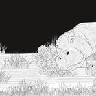 Illustration von zwei Nilpferden im Musterstil, umgeben von Gras und Blumen vor dunklem Hintergrund.