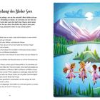 Titel: Die Entstehung des Bleder Sees. Text erzählt von Feen, die ihr Zuhause vor Menschen schützen. Illustration: Feen über einem See.