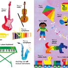 Links: Verschiedene Musikinstrumente wie Klarinette, Gitarre, Trompete. Rechts: Spielzeuge wie Drachen, Puppe, Spielzeugauto.