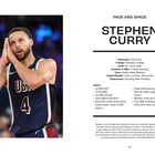 Texte: "PACE AND SPACE," "STEPHEN CURRY," "Nickname: Chef Curry," "College: Davidson College," "Team: Golden State Warriors." Eine Person in einem Basketballtrikot mit gefalteten Händen.