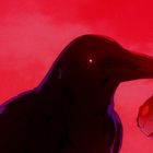 Keine Texte zu lesen. Illustration eines Raben mit rot leuchtenden Augen, der einen Augapfel im Schnabel hält, vor rotem Hintergrund.