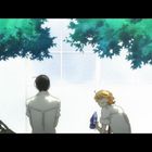 Zwei Personen in weißen Hemden sitzen unter einem grünen Baum, eine hält eine blaue Flasche. Es ist eine Illustration.