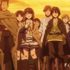 Eine Gruppe von Anime-Charakteren steht in Kampfkleidung unter einem gelben Himmel, entschlossen und bereit.