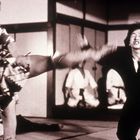 Zwei Personen kämpfen in traditioneller Kleidung in einem Dojo, eine führt einen hohen Tritt aus.