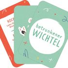 Text: "betrunkener WICHTEL". Drei bunt gestaltete Karten überlappen einander leicht.