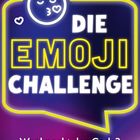Text: "DIE EMOJI CHALLENGE" und "Wer knackt den Code?". Leuchtende Farben, Herzsymbole und ein Kuss-Emoji.