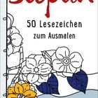 Text: "Mein Japan. 50 Lesezeichen zum Ausmalen." Illustration: Blumen in Gelb, Blau und dekorative Linien.