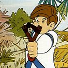 In einer farbenfrohen Illustration zielt ein Junge mit einer Steinschleuder, umgeben von üppigen Pflanzen.