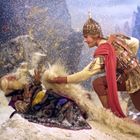 Es gibt keinen Text zu erwähnen. Eine Szene zeigt zwei Personen, eine steht mit antiker Rüstung und Helm, die andere liegt im Schnee.