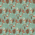 Illustration mit Tannenzapfen, roten Schleifen, Glöckchen und Zweigen auf grünem Hintergrund.