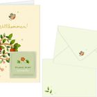 Texte: "Auf ins Lebensabenteuer!" und "Pflanze deine Wünsche". Illustration: Fuchs im Heißluftballon mit Blumen.