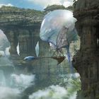 Eine Illustration mit fliegenden Schiffen zwischen riesigen Felsen und Nebelschwaden.