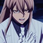 Eine Anime-Figur mit langem Haar und einem weißen Anzug spricht leidenschaftlich, im Hintergrund eine nächtliche Stadt.