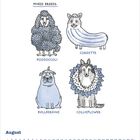 Text: "Mixed Breeds, Poodoccoli, Corgette, Bullbergine, Collieflower, August". Illustration von Hunden, die Gemüse ähneln.