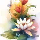 Text: "LILIE". Bunte Illustration mit einer Lilie, Tulpen, Schmetterlingen und Blättern auf watercolor Hintergrund. Nummer: 30.
