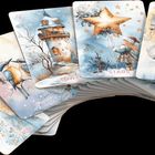 Karten mit den Worten: Tower, Birds, Stars, Lady und Rider. Winterliche Illustrationen von Turm, Vögeln, Stern, Frau, Reiter.