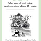SOMMER. AFFIRMATION: Selbst wenn ich mich verirre, kann ich an einem schönen Ort landen. Zeichnung: Panda und Drache am Teich.