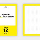 "WANN WIRD ERNST ÜBERTRIEBEN?" steht in einem gelben Rahmen. Darunter "MONTAG 12 APRIL". Rechts eine gepunktete Fläche.