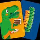 Text: "SCHNAPPO SAURUS". Illustration eines grünen Dinosauriers mit Kuchen und Fisch, vor orangefarbenem Hintergrund.