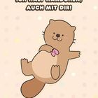 "ICH HALT HÄNDCHEN, AUCH MIT DIR!" Ein lächelnder Otter hält eine Muschel. Hintergrund: Pastellfarbige Punkte.