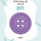 Finde etwas, das sich auf KOPF reimt. Illustration eines lila Knopfes auf hellem Hintergrund mit Blättern.