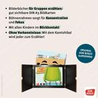 Texte: Vorteile des Kamishibai. Unten ein Kamishibai-Bildtheater mit großem grünen Wesen auf Bildkarte. Beiliegende Bildkarte.