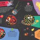 "Making a Moon: How DID it get there?" Vier Schritte erklären die Entstehung des Mondes. Bunte Illustrationen mit Augen.