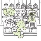Ein kleiner Dinosaurier in einem Süßwarenladen, umgeben von Bonbongläsern, Lutschern und einer Kaugummimaschine.