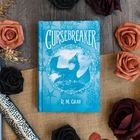 Ein blaues Buch mit dem Titel "CURSEBREAKER" von R.M. Gray zeigt einen Drachen. Dekoriert mit künstlichen Rosen.
